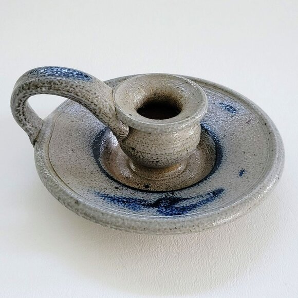 Vintage Rowe Pottery Candlestick Holder, Gray & Blue Salt Glazed Folk Art c.1982 - Picture 1 of 10